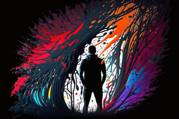 Black silhouette of a man in colorful rainbow splash of paint illustration Generative AI