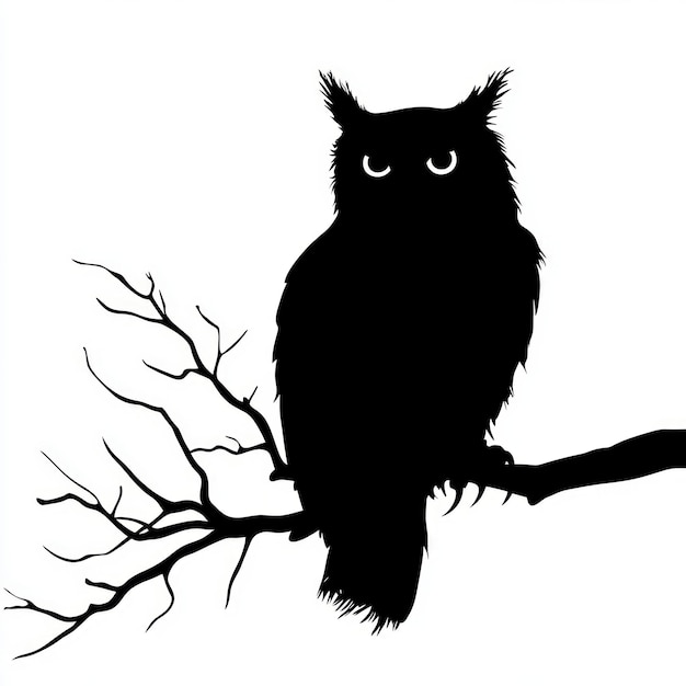 A black silhouette of an owl perched on a branch