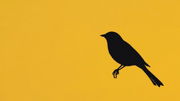 A black silhouette of a small bird on a yellow background