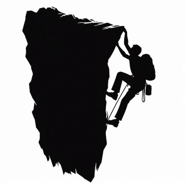 Black silhouette vector clipart of a person rock climbing on a cliff face on a white background