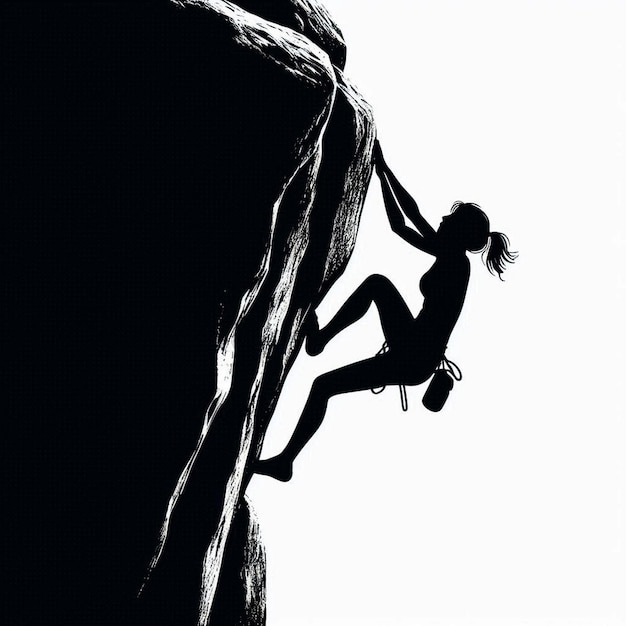 Black silhouette vector clipart of a person rock climbing on a cliff face on a white background