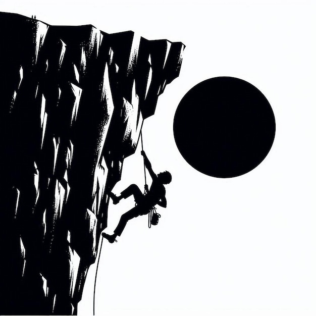 Photo black silhouette vector clipart of a person rock climbing on a cliff face on a white background