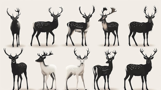 Black silhouettes of deer animals Species of herbivorous hoofed spotted forest animals elegant nature symbol free modern illustrations isolated on white