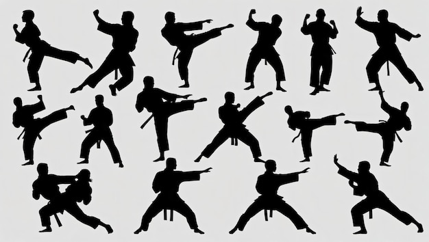 Photo black silhouettes of karate fighting on a white background