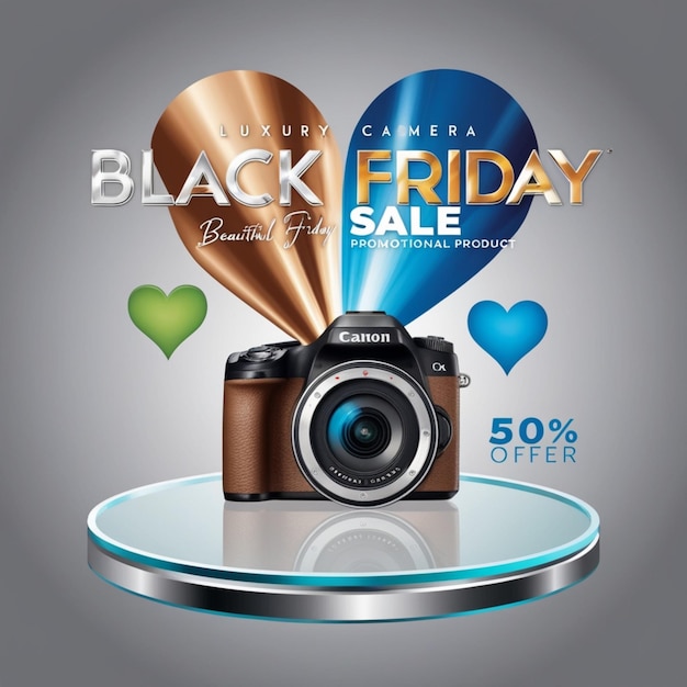 Photo a black and silver camera on a table with a reflection of a black friday sale sign