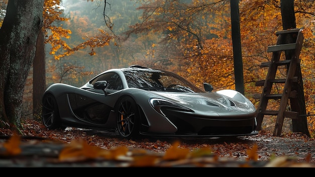 a black and silver car with the hood up is on a forest floor