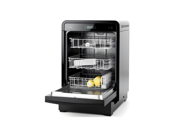 Photo a black and silver dishwasher with a yellow bird in it