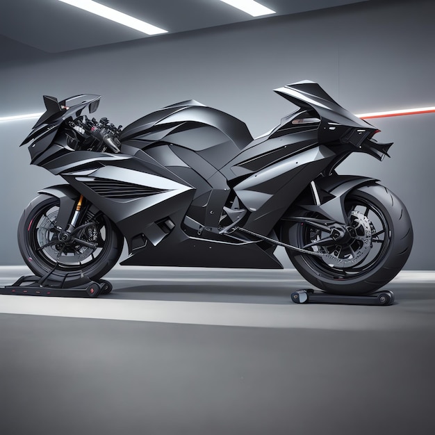 Photo a black and silver motorcycle is on display in a room