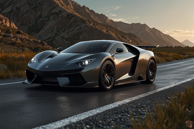 a black and silver sports car is driving down the road