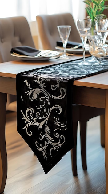 Black and Silver Table Runner with Floral Design