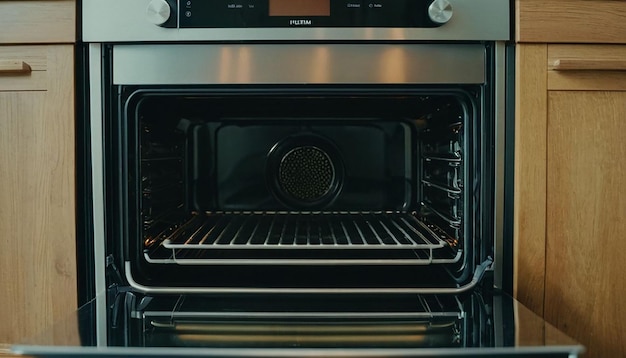 a black and silver toaster oven with two breads in it