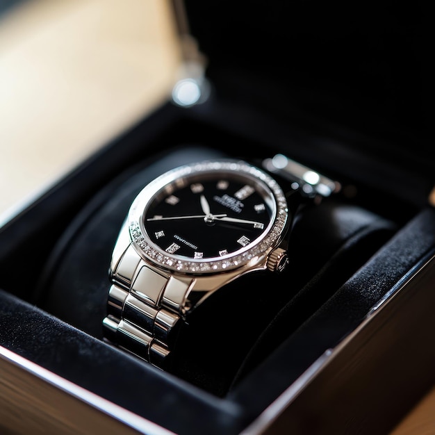 a black and silver watch in a box with a black face