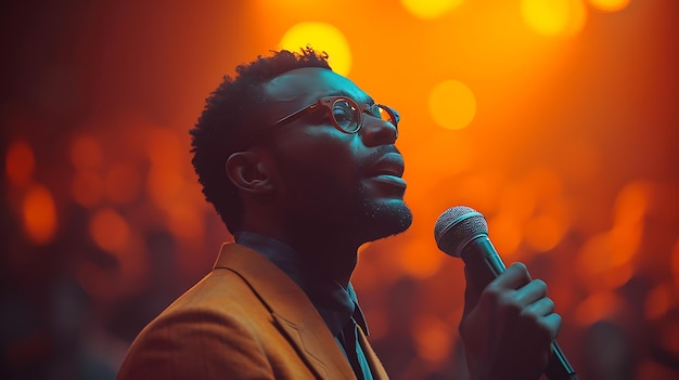 black singer with glasses and microphone in concert