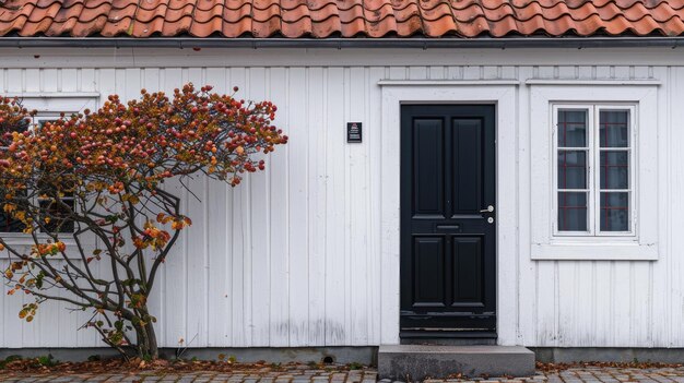 Photo a black single front door against a backdrop of a white house topped by a roof in striking red grey or black embodying the timeless elegance and simplicity of nordic design