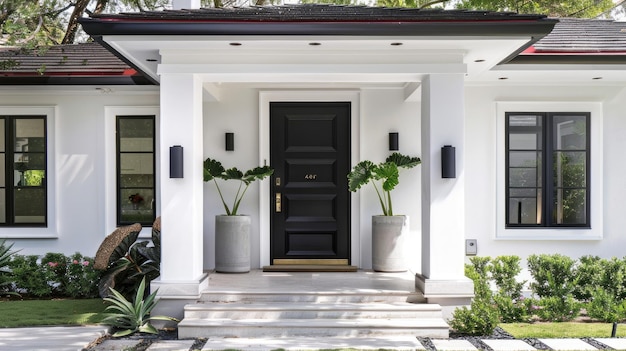 Photo a black single front door against a backdrop of a white house topped by a roof in striking red grey or black embodying the timeless elegance and simplicity of nordic design