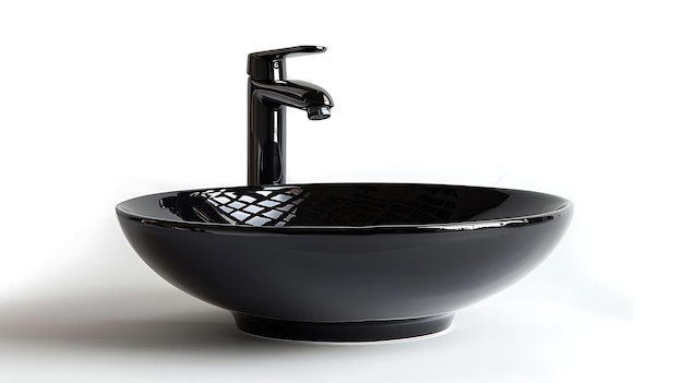 A black sink with a black faucet above it isolated on white background