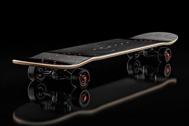 Black Skateboard on Dark Background Isolated Object Showcasing Skateboarding Gear and Design Deta