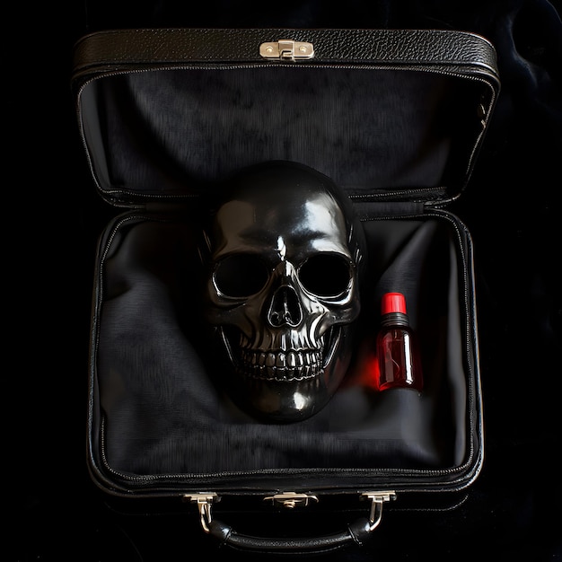 a black skull in a black case with a bottle of red wine in it