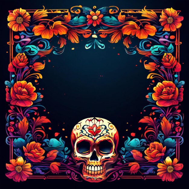 The black skull is decorated with purple and pink flowers Da de los Muertos Halloween project