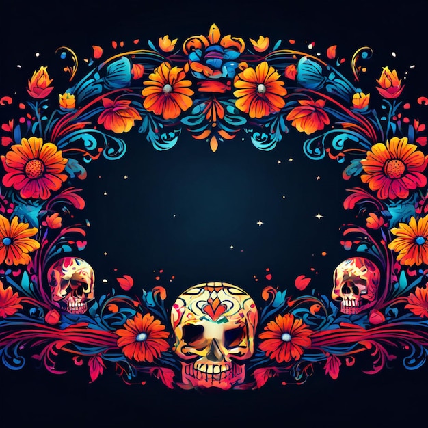 The black skull is decorated with purple and pink flowers Da de los Muertos Halloween project