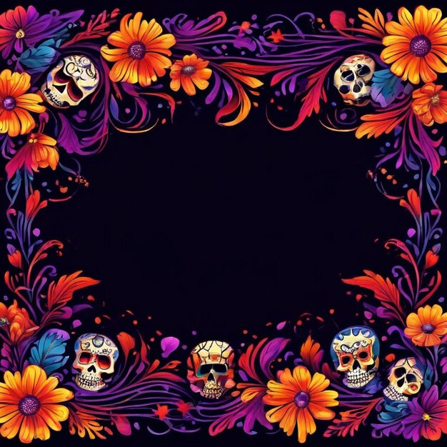 The black skull is decorated with purple and pink flowers Da de los Muertos Halloween project