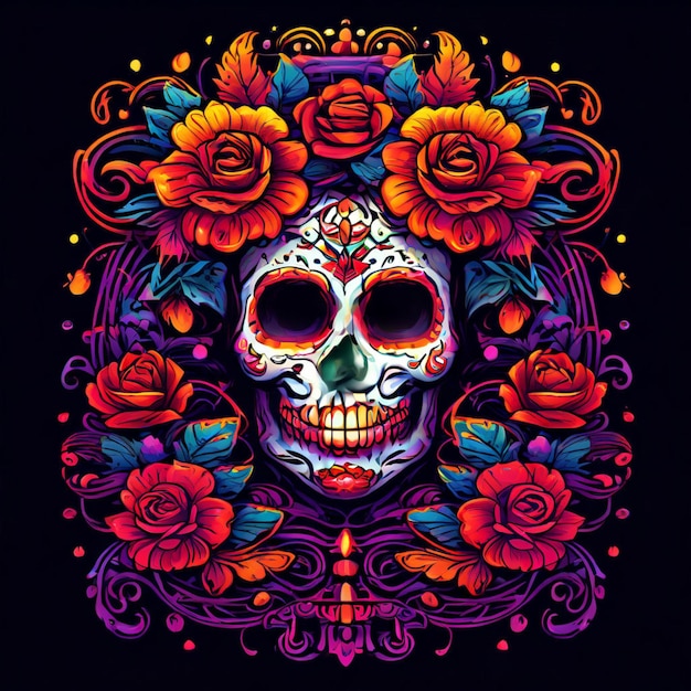 The black skull is decorated with purple and pink flowers Da de los Muertos Halloween project