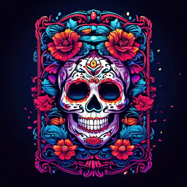 The black skull is decorated with purple and pink flowers Da de los Muertos Halloween project