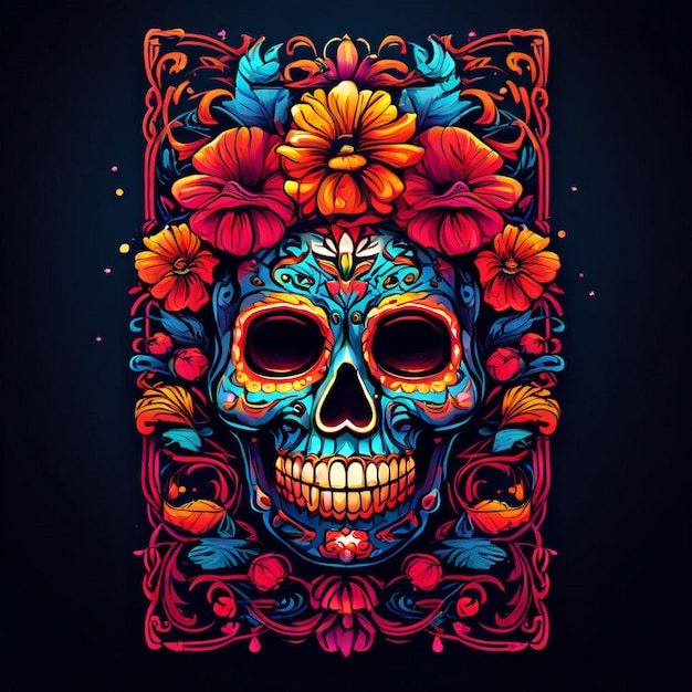 The black skull is decorated with purple and pink flowers Da de los Muertos Halloween project