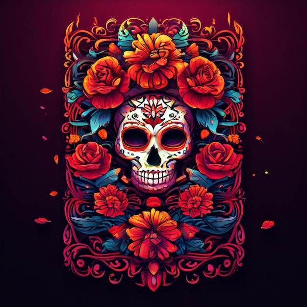 The black skull is decorated with purple and pink flowers Da de los Muertos Halloween project