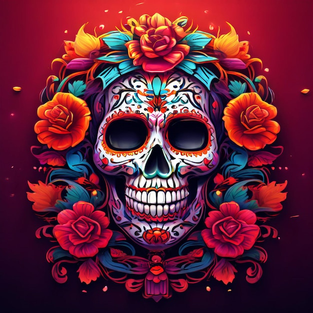 The black skull is decorated with purple and pink flowers Da de los Muertos Halloween project