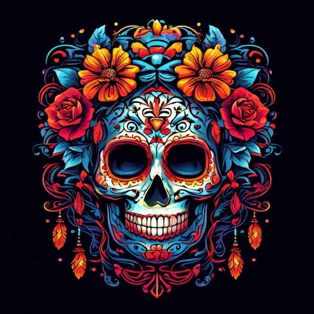 The black skull is decorated with purple and pink flowers Da de los Muertos Halloween project