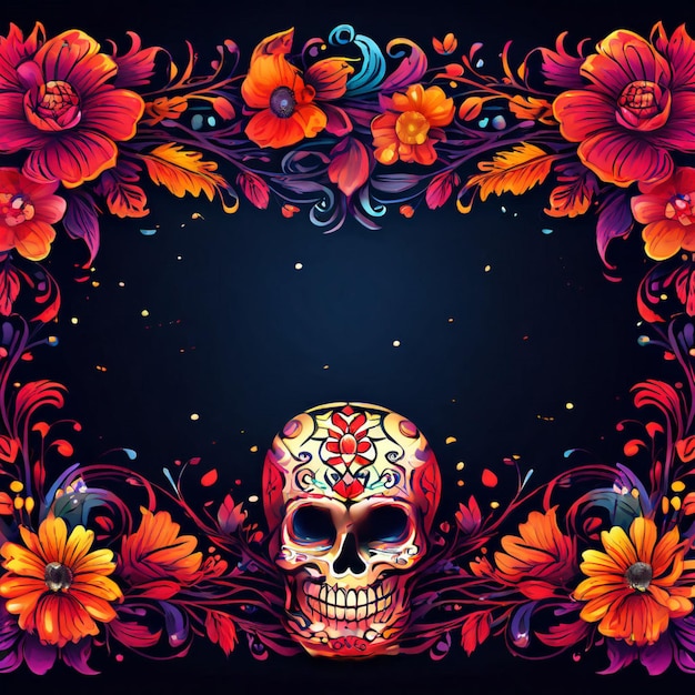 The black skull is decorated with purple and pink flowers Da de los Muertos Halloween project