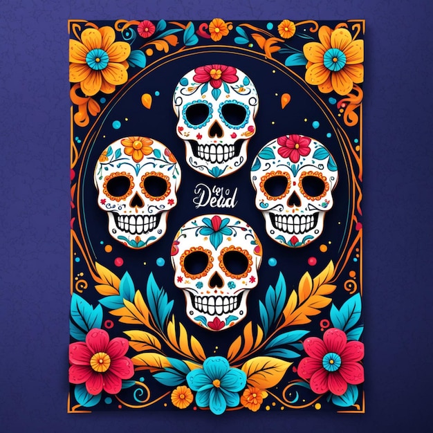 The black skull is decorated with purple and pink flowers Da de los Muertos Halloween project