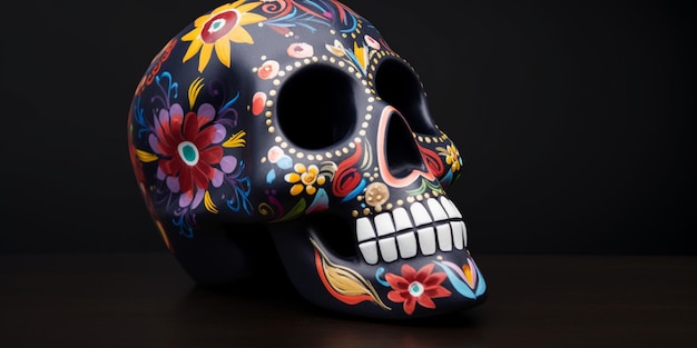 A black skull with colorful flowers and a white mouth.