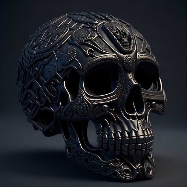 A black skull with a design on it