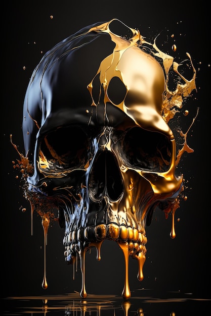 Black skull with gold liquid paint splash