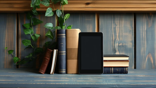 Photo a black smart phone sits next to a book and a plant