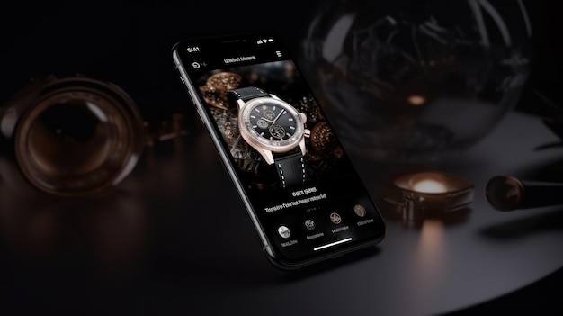 A black smart phone with a watch on the screen