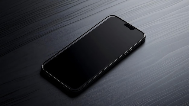 A black smartphone on a dark wood table with a blank screen