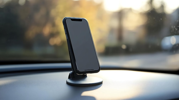 Photo a black smartphone is in a car phone mount on a dashboard