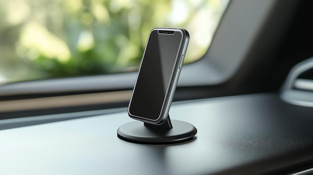 Photo a black smartphone sits in a car phone mount on a dashboard