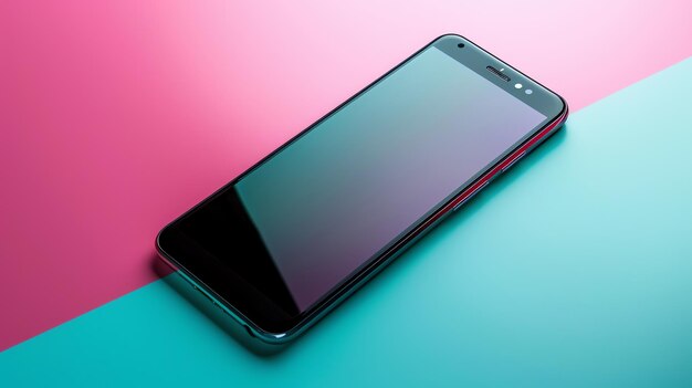 Photo a black smartphone with a blank screen laying flat on a pink and turquoise background