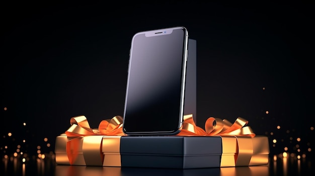 Black smartphone with Christmas ball and gift boxes