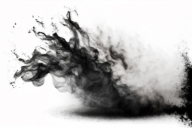 Black smoke explosion on empty white background