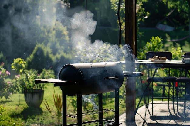 Photo a black smoker grill emits aromatic smoke set against a lush green backyard with a picnic table in the background hinting at an outdoor gathering