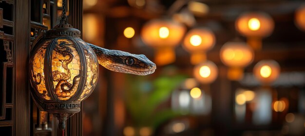 Photo black snake coiled around an ornate lantern in a blurred room filled with warm glowing lights