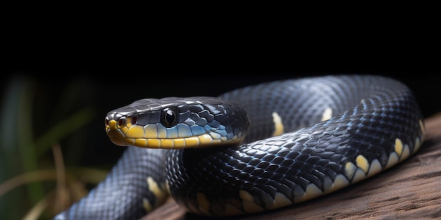 A black snake sits on a log