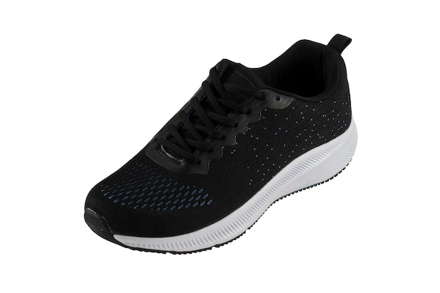 Black sneaker made of fabric with a white sole on a white background Sport shoes