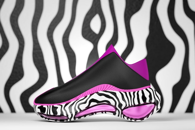 Black sneakers with animal print on the sole The concept of bright fashionable sneakers 3D rendering