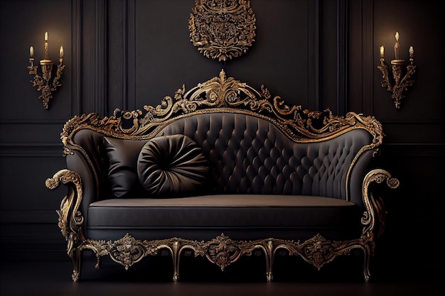 The black sofa in the room is a gold and black color.